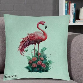 Perna Decorativa Flamingo cu Trandafiri Tropicali, 40x40 cm, Verde Menta, Husa Detasabila, Perna Inclusa, BEKZ®