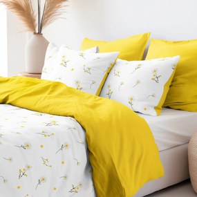 Goldea lenjerie de pat din 100% bumbac duo - mușețel cu galben 200 x 220 și 2buc 50 x 70 cm (din două bucăți, cusătură pe mijloc)