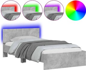 vidaXL Cadru de pat cu tăblie și lumini LED, gri beton, 100x200 cm