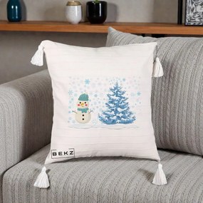 Perna Decorativa Om de Zapada si Brad Craciun, 40x40 cm, Bej cu Franjuri, Husa Detasabila, Perna Inclusa, BEKZ®