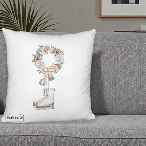 Perna Decorativa Patine cu Coroana Florala de Craciun, 40x40 cm, Alb Pufos, Husa Detasabila, Perna Inclusa, BEKZ®