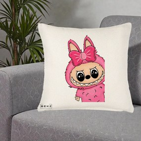 Perna Personalizata Labubu Roz cu Funda, 40x40 cm, Crem Reliefat, Husa Detasabila, Perna Inclusa, BEKZ®