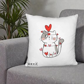 Perna Decorativa Pisica Kawaii cu Inimi, 40x40 cm, Alb Pufos, Husa Detasabila, Perna Inclusa, BEKZ®