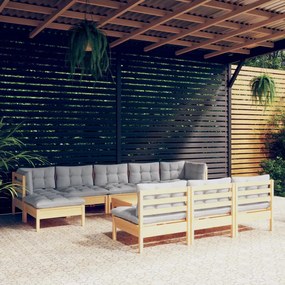 3097120 vidaXL Set mobilier grădină cu perne gri, 11 piese, lemn de pin