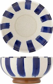 Bol de servire din ceramică, albastru, dungi verticale pe fond natur și bază maro, finisaj pictat manual, 12 x 26 cm, „Shakti”