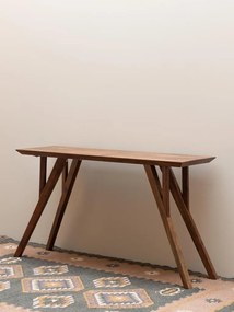 Masă consolă eclectică din lemn de acacia, maro, cu blat teșit și picioare oblice prinse în triunghi, 76 x 133 x 41 cm, „Avila”