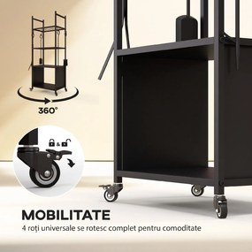 Outsunny Suport pentru Lemne de Foc de Interior și Exterior cu Roți și 4 Ustensile, cu Lopățică, Vătrai, Perie și Clește, Metal, 45 x 30 x 118 cm, Negru | Aosom Romania