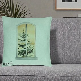 Perna Decorativa Fereastra cu Brad de Iarna, 40x40 cm, Verde Menta, Husa Detasabila, Perna Inclusa, BEKZ®