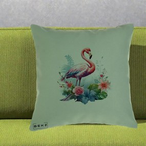 Perna Decorativa Flamingo cu Flori Tropicale Acuarela, 40x40 cm, Verde, Husa Detasabila, Perna Inclusa, BEKZ®