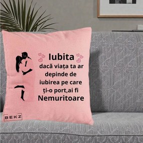 Cadou pentru Iubita - Perna Personalizata Iubita Nemuritoare cu Siluete de Cuplu, 40x40 cm, Roz, Husa Detasabila, Perna Inclusa, BEKZ®