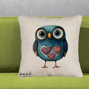 Perna Decorativa Bufnita Teal cu Doua Inimi, 40x40 cm, Bej Canapea, Husa Detasabila, Perna Inclusa, BEKZ®
