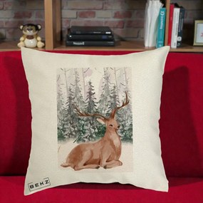 Perna Decorativa Ren in Padure Roz Moale, 40x40 cm, Ecru, Husa Detasabila, Perna Inclusa, BEKZ®