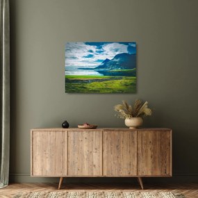 Tablou pe sticlă cu lac și munți (70x50 cm)