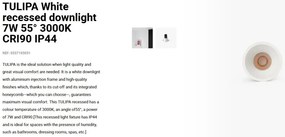 Spot LED incastrabil TULIPA White recessed downlight 7W 55° 3000K CRI90 IP44