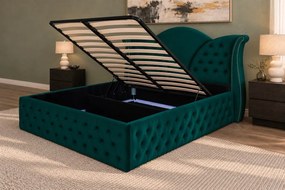 Pat tapițat Chesterfield din catifea Velora Deluxe Classic 140×200 cm, verde, cu ladă de depozitare