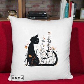 Perna Decorativa Pisica Neagra Flori Portocalii Silueta, 40x40 cm, Alb Pufos, Husa Detasabila, Perna Inclusa, BEKZ®