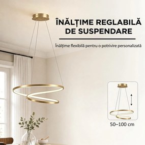 HOMCOM Lampă suspendată LED 38W cu 2 inele și 3 temperaturi de culoare, 3000-6500K, înălțime reglabilă, auriu | Aosom Romania