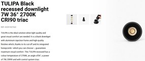 Spot LED incastrabil TULIPA Black recessed downlight 7W 36° 2700K CRI90 triac