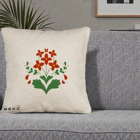Perna Decorativa Buchet Floral Folk Rosu-Verde, 40x40 cm, Bej Canapea, Husa Detasabila, Perna Inclusa, BEKZ®