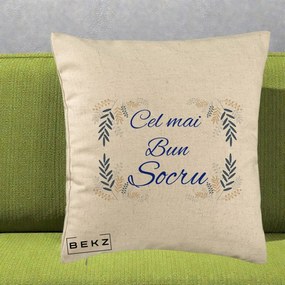 Cadou pentru Socru - Perna Personalizata Cel mai Bun Socru cu Ramuri Frunze Albastre si Aurii, 40x40 cm, Bej, Husa Detasabila, Perna Inclusa, BEKZ®