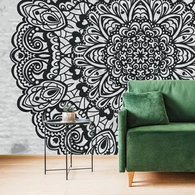 Tapet Mandala florală în alb-negru