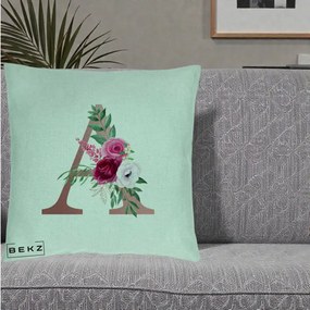 Cadou Personalizat - Perna Personalizata Monograma Rose Gold Litera A, 40x40 cm, Verde Menta, Husa Detasabila, Perna Inclusa, BEKZ®
