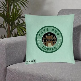 Perna Personalizata Cats and Coffee Starbucks, 40x40 cm, Verde Menta, Husa Detasabila, Perna Inclusa, BEKZ®