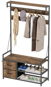 HOMCOM Suport pentru haine 6-în-1 cu raft pentru pantofi, stil industrial, 10 cârlige, 2 sertare textile, metal, maro | Aosom Romania