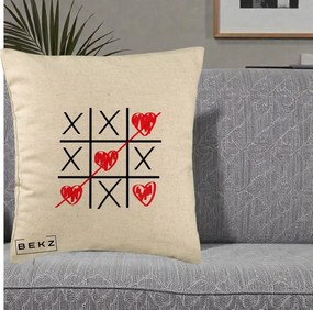 Cadou Romantic - Perna Personalizata Love Joc X si Inima cu Castigator Iubire, 40x40 cm, Bej, Husa Detasabila, Perna Inclusa, BEKZ®