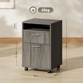 HOMCOM Dulap de Birou cu 4 Roți, Raft Deschis și 2 Sertare, Mobilier de Birou din Lemn și Metal, 40x35x60 cm, Maro | Aosom Romania