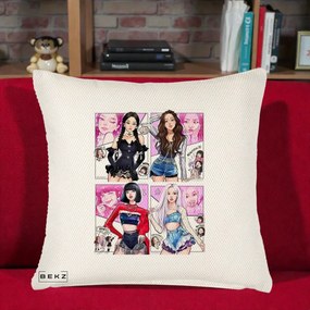 Perna Personalizata K-pop BLACKPINK Fanart Manga Benzi Desenate 4 Membre, 40x40 cm, Crem Reliefat, Husa Detasabila, Perna Inclusa, BEKZ®