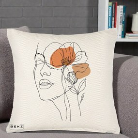 Perna Decorativa Portret Feminin Mac Profilat, 40x40 cm, Crem Reliefat, Husa Detasabila, Perna Inclusa, BEKZ®