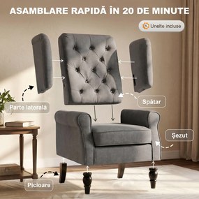 HOMCOM Fotoliu de Living Stil Francez cu Perne Detașabile Gri | Aosom Romania