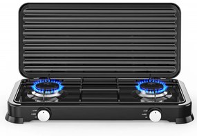 Aragaz dublu cu capac Rosberg R51454D2, 2x 2,2 kWh, 30 mbar, Otel carbon, Negru