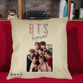 Perna Personalizata K-pop BTS Forever cu Foto Grup Negru, 40x40 cm, Crem, Husa Detasabila, Perna Inclusa, BEKZ®