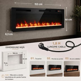 HOMCOM Șemineu electric 153 cm, încastrabil/de perete/de podea, ultrasubțire 8,3 cm, cu telecomandă, 900/1800 W, timer, negru | Aosom Romania