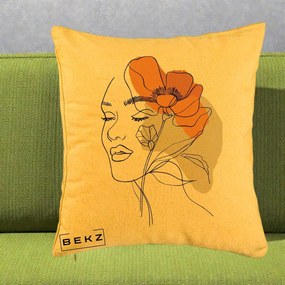 Perna Decorativa Portret Feminin Mac Mare Portocaliu, 40x40 cm, Galben, Husa Detasabila, Perna Inclusa, BEKZ®