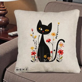 Perna Decorativa Pisica Neagra Ochi Galbeni Flori, 40x40 cm, Bej Canapea, Husa Detasabila, Perna Inclusa, BEKZ®