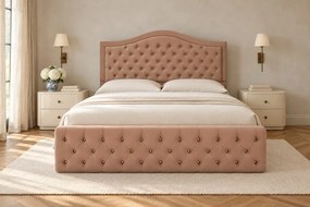Pat tapițat Chesterfield din catifea Solaria Deluxe Cristal 160×200 cm, cappuccino, cu ladă de depozitare
