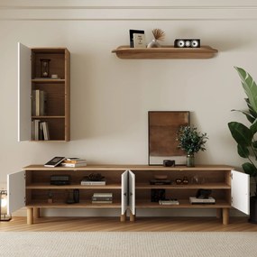 Set mobilier living 3 piese, compus din dulap înalt, comodă joasă și etajeră de perete, Culoare naturală