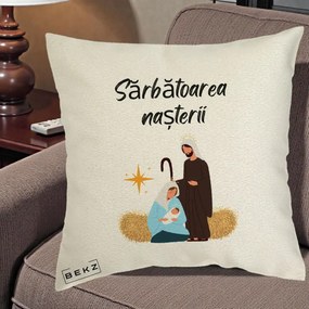 Perna Decorativa Nasterea Domnului Sfanta Familie Sarbatoarea Nasterii, 40x40 cm, Ecru, Husa Detasabila, Perna Inclusa, BEKZ®