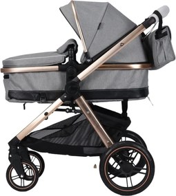 Carucior nou nascuti 3 in 1 NOVOKIDS™ X2000 series, Cu geanta bebe, Cadru Aluminiu Gold, Amortizoare, Roti din cauciuc plin AVE, Landou, Scoica auto,