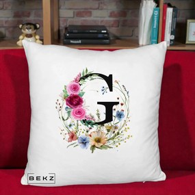 Cadou Personalizat - Perna Personalizata Monogram Litera G cu Flori Acuarela, 40x40 cm, Alb Pufos, Husa Detasabila, Perna Inclusa, BEKZ®