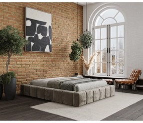 Pat matrimonial bej tapițat cu spațiu de depozitare cu somieră 200x200 cm Aruba L – Maison de Rêve