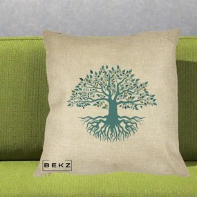 Perna Decorativa Copacul Vietii Teal cu Radacini, 40x40 cm, Crem, Husa Detasabila, Perna Inclusa, BEKZ®