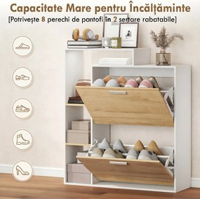 HOMCOM Dulap Slim pentru Pantofi cu 2 Sertare Rabatabile, Dulap Intrare cu Rafturi Reglabile, 3 Rafturi Deschise, Spațiu pentru 8 Perechi de Pantofi, Alb și Lemn Natural, 80x26x90 cm | Aosom Romania