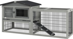 PawHut Cuib Exterior din Lemn de Brad cu Rampă, Acoperiș Rabatabil Impermeabil, Sertar Detașabil, Cuib pentru Iepuri, Animale Mici, Gri Deschis | Aosom Romania