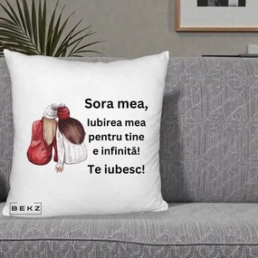Cadou pentru Sora - Perna Personalizata Sora Mea Te Iubesc Doua Fete Iarna Acuarela, 40x40 cm, Alb Pufos, Husa Detasabila, Perna Inclusa, BEKZ®