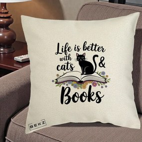 Perna Personalizata Life is Better Cats and Books, 40x40 cm, Ecru, Husa Detasabila, Perna Inclusa, BEKZ®