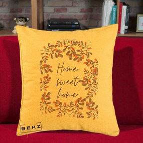 Perna Decorativa Home Sweet Home Frunze Colorate, 40x40 cm, Galben, Husa Detasabila, Perna Inclusa, BEKZ®